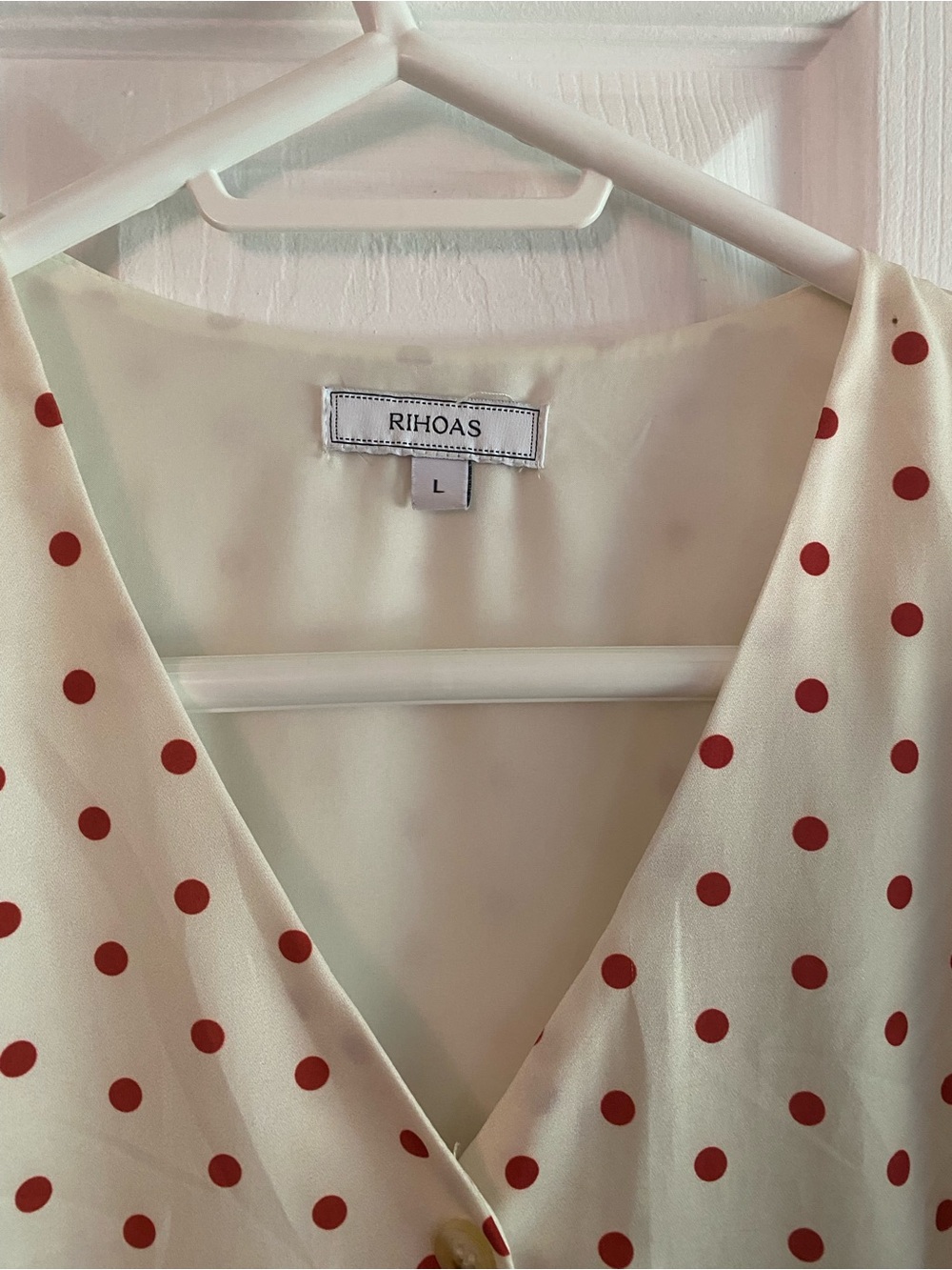 Cream Polka Dot Button-Front Dress with Red Dots - Picture 4 of 4